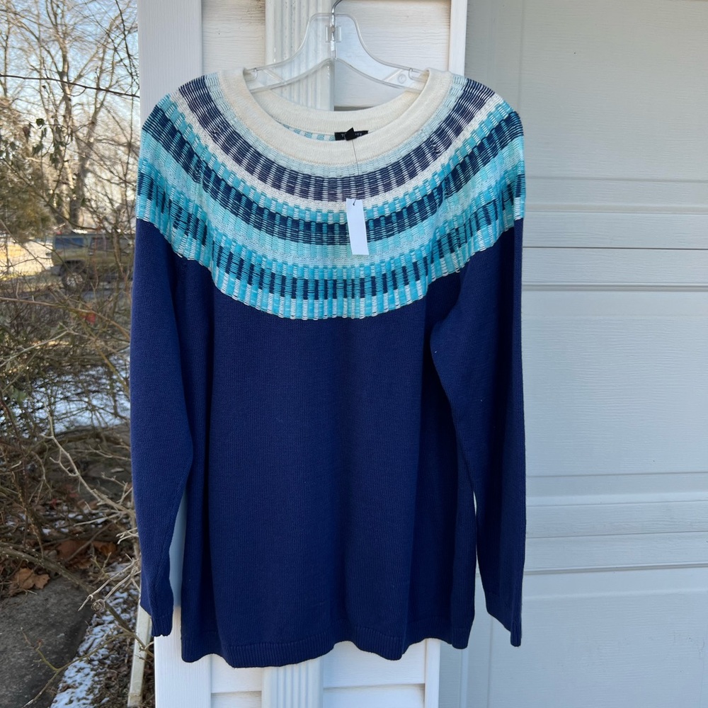 NWT Talbots Gorgeous Blues Green Cream Woven Fair Isle Sweater - Picture 1 of 6